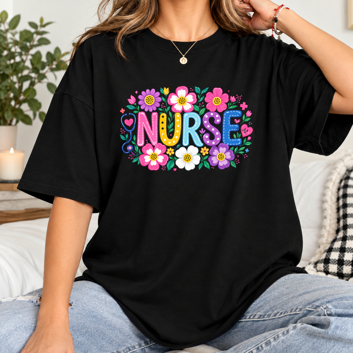 Women's Floral School Nurse T-Shirt